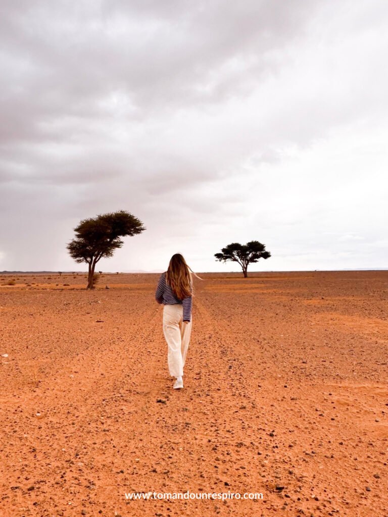 Andrea caminando hacia dos acacias en el desierto